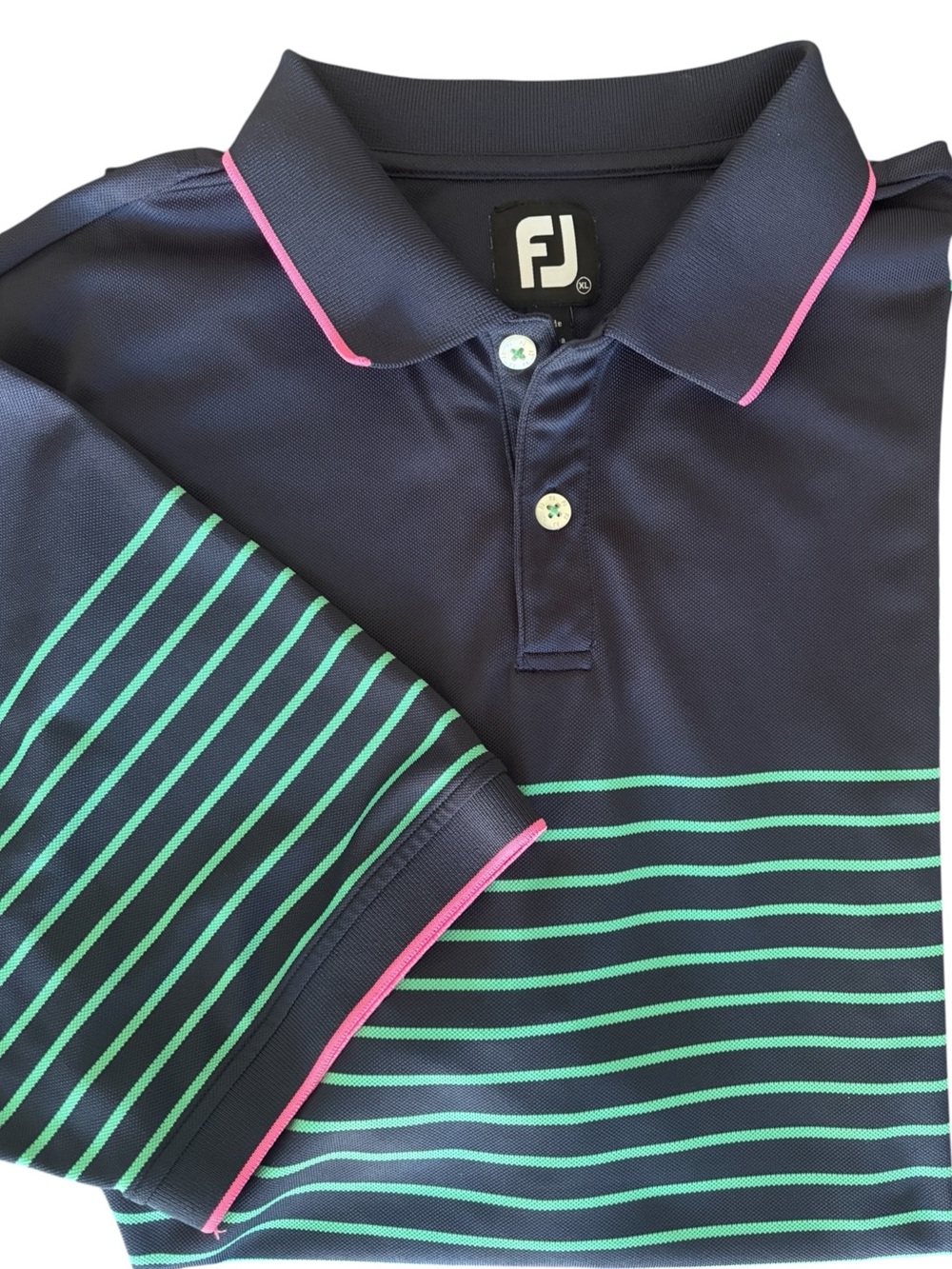 FootJoy Navy and Green Striped Golf Polo with Pink Trim